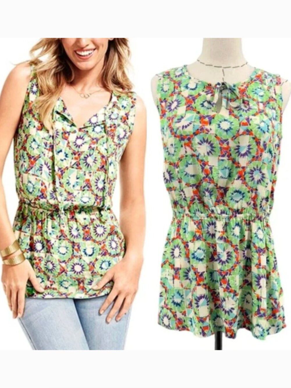 CABI 316 Kaleidoscope Sleeveless Blouse Green Multi Geometric Boho Peplum Tunic